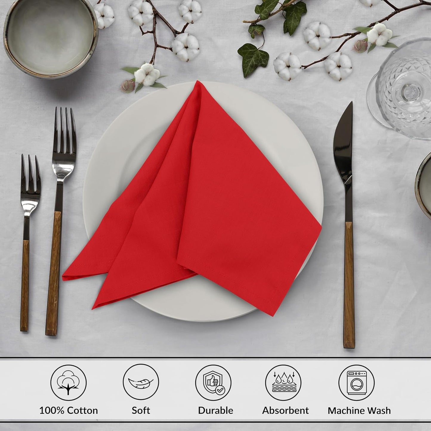 Ruvanti Cloth Napkins Set of 6, 18x18 Inches, 100% Cotton, Washable, Soft & Absorbent, Perfect for Wedding, Christmas, ‎Thanksgiving Dinners - Flame Scarlet