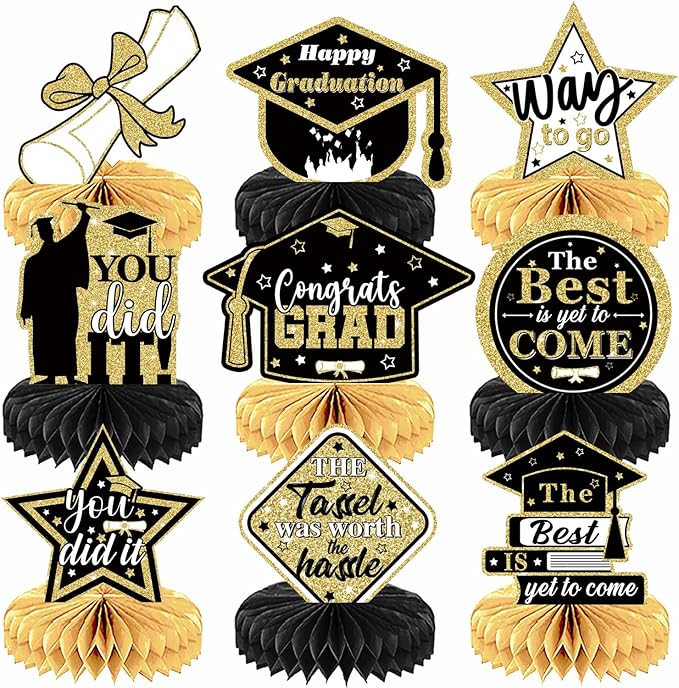 Graduation Table Decorations 2026 - Graduation Centerpieces for Tables, 9 Pcs Black and Gold Honeycomb Centerpieces, 3D Congrats Grad Table Toppers for Class of 2026 Grad Party Decorations