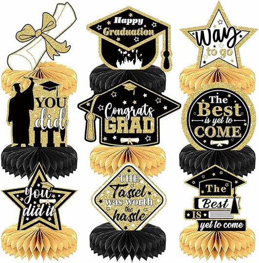 Graduation Table Decorations 2026 - Graduation Centerpieces for Tables, 9 Pcs Black and Gold Honeycomb Centerpieces, 3D Congrats Grad Table Toppers for Class of 2026 Grad Party Decorations