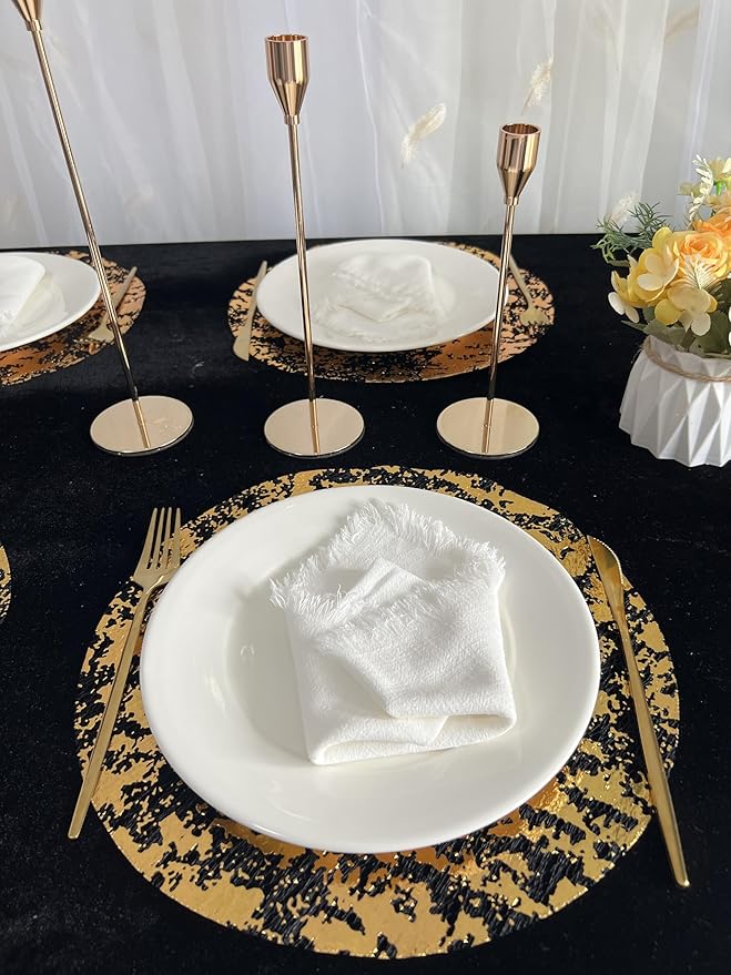 Disposable Black and Gold Placemats Set of 50 Metallic Thin Round 13 Inch Gold Doilies Mesh Pressed Fall Table Placemates 50 Pack Charger Plates for Wedding, Birthday Party