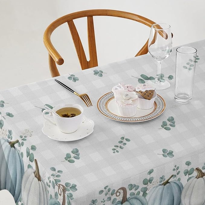 YCness Thanksgiving Pumpkin Tablecloth, Watercolor Eucalyptus Leaves Autumn Harvest Fall Watercolor Blue Gray Grid Table Cover for Party Picnic Dinner Kitchen 60x120 Inch Rectangle