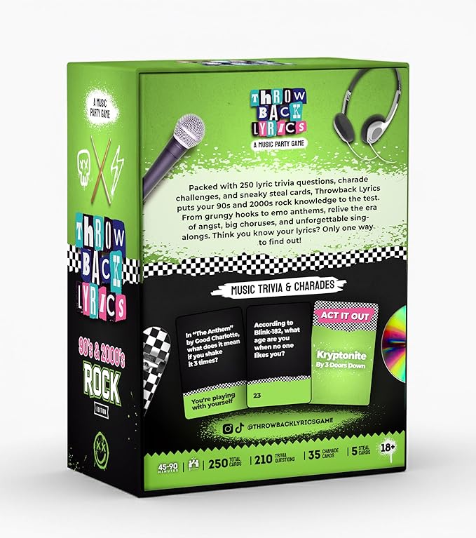 Throwback Lyrics The 90s & 2000s Rock Music Trivia Game with Charades | Finish The Lyrics + Steal Cards | Includes Playlist & Stickers | Adult Party Game Night- 250 Cards