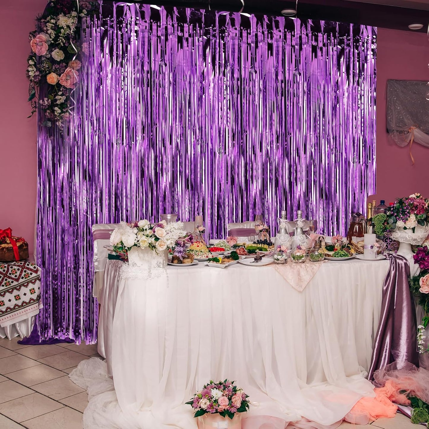 Crosize 5 Pack 3.3 x 9.9 ft Purple Foil Fringe Curtains Party Decorations, Purple Tinsel Curtain Backdrop for Parties, Door Streamers, Glitter Streamer Backdrop for Birthday Decoration