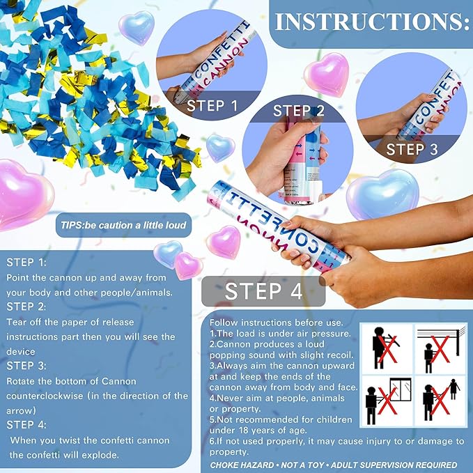 4 Pack Gender Reveal Confetti Cannon, 12 in Blue Rectangle Shaped Paper Party Poppers Cannons, Confetti Poppers For Baby Boy Gender Reveal Baby Showers (Rectangle, Blue)