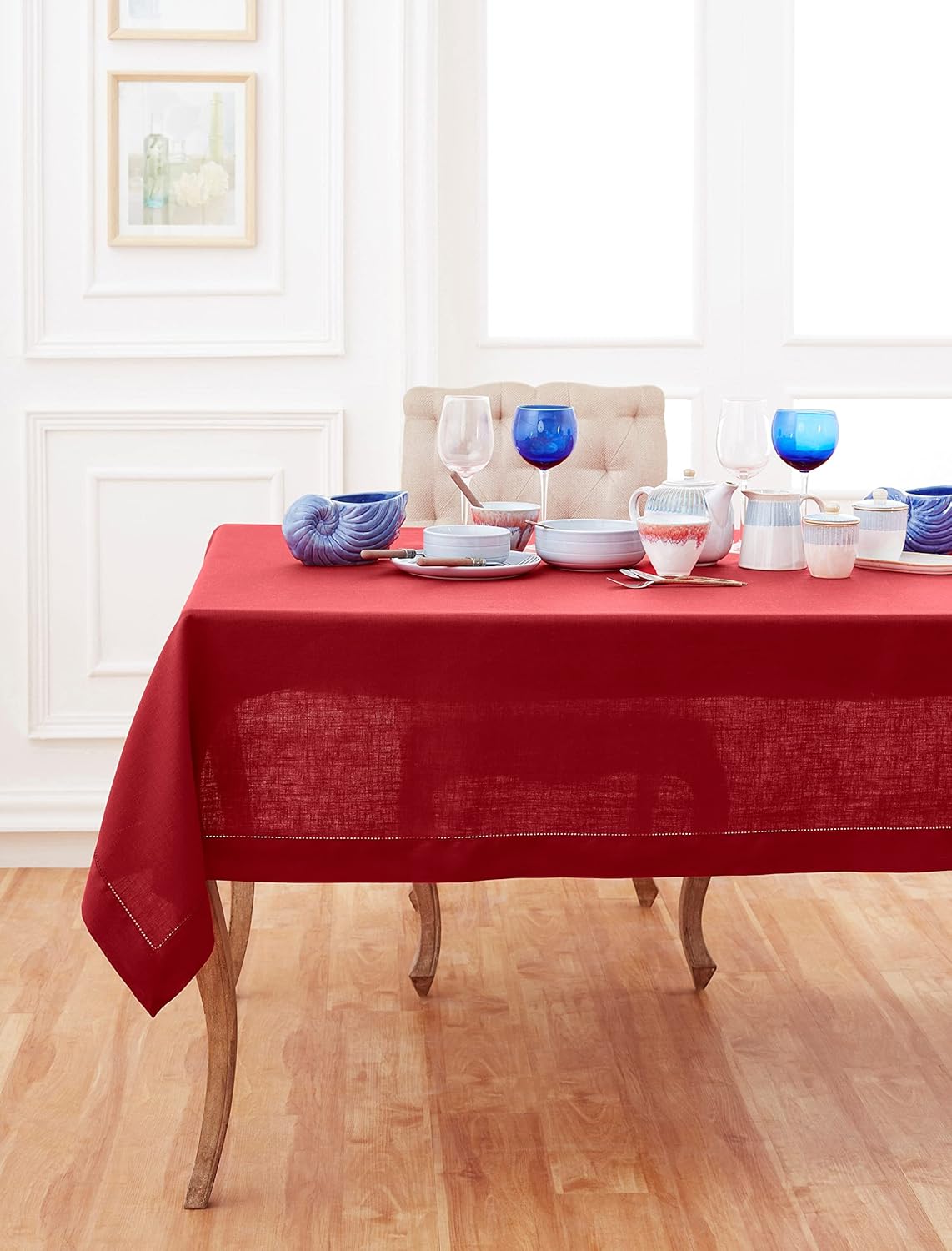 Solino Home Linen Tablecloth 60 x 108 Inch - Classic Hemstitch 100% Pure Linen Red Table Cloth for Rectangle Tables - Machine Washable Tablecloth for Christmas