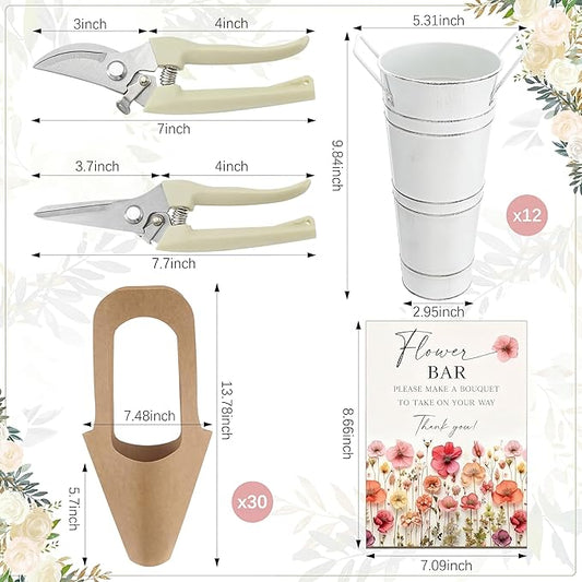 LEIFIDE 45 Pcs Flower Bar Buckets Set Kit Bloom Bar Supplies Include Wood Sign Gift Bags Iron Bucket Garden Flower Shears for Valentine Days Wedding Bridal Shower Table Centerpieces (White)