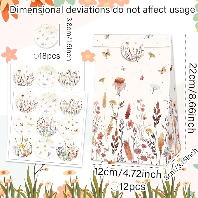 12 PCS Wildflower Party Favor Gift Bags Boho Floral Small Candy Goodie Bags Boxes with Stickers Wildflower Bridal Shower Birthday Wedding Party Supplies