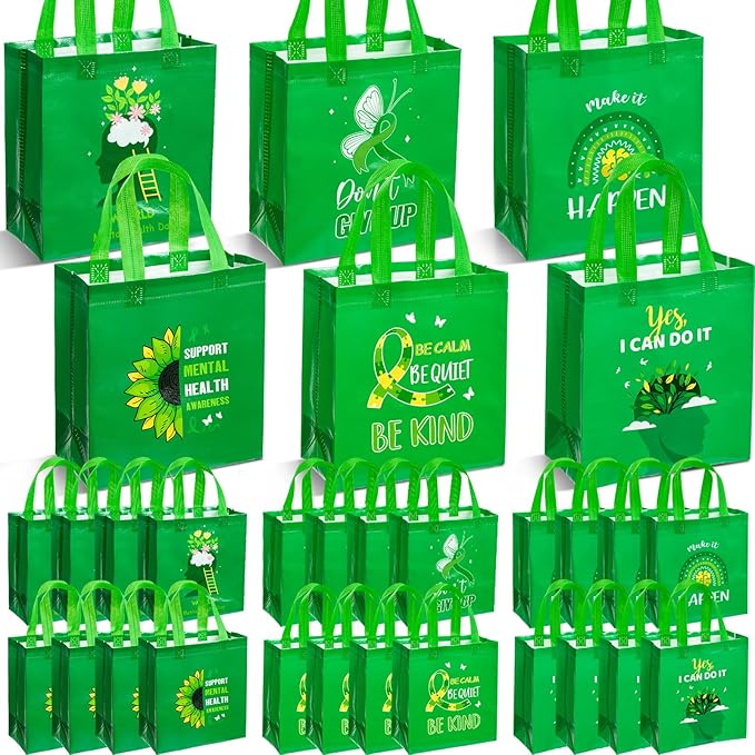 HunnmingRe 30 Pcs Mental Health Awareness Gifts Bags with Handles Green Party Favor Bag Bulk Mental Health Awareness Item Reusable Non Woven Handbags for Public Charity Event Party Supplies, 6 Style