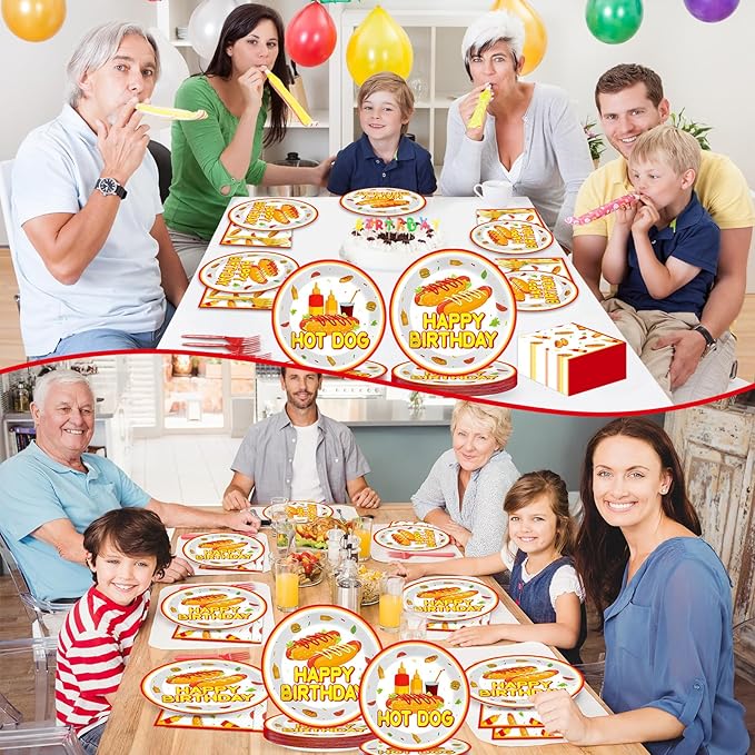 96Pcs Hot Theme Dog Birthday Party Paper Plates and Napkins for Fast Food Themed Party Supplies Hot Dog Themed Paper Dessert Plates Picnic BBQ Tableware Set for 24 Guests Birthday Party Decorations