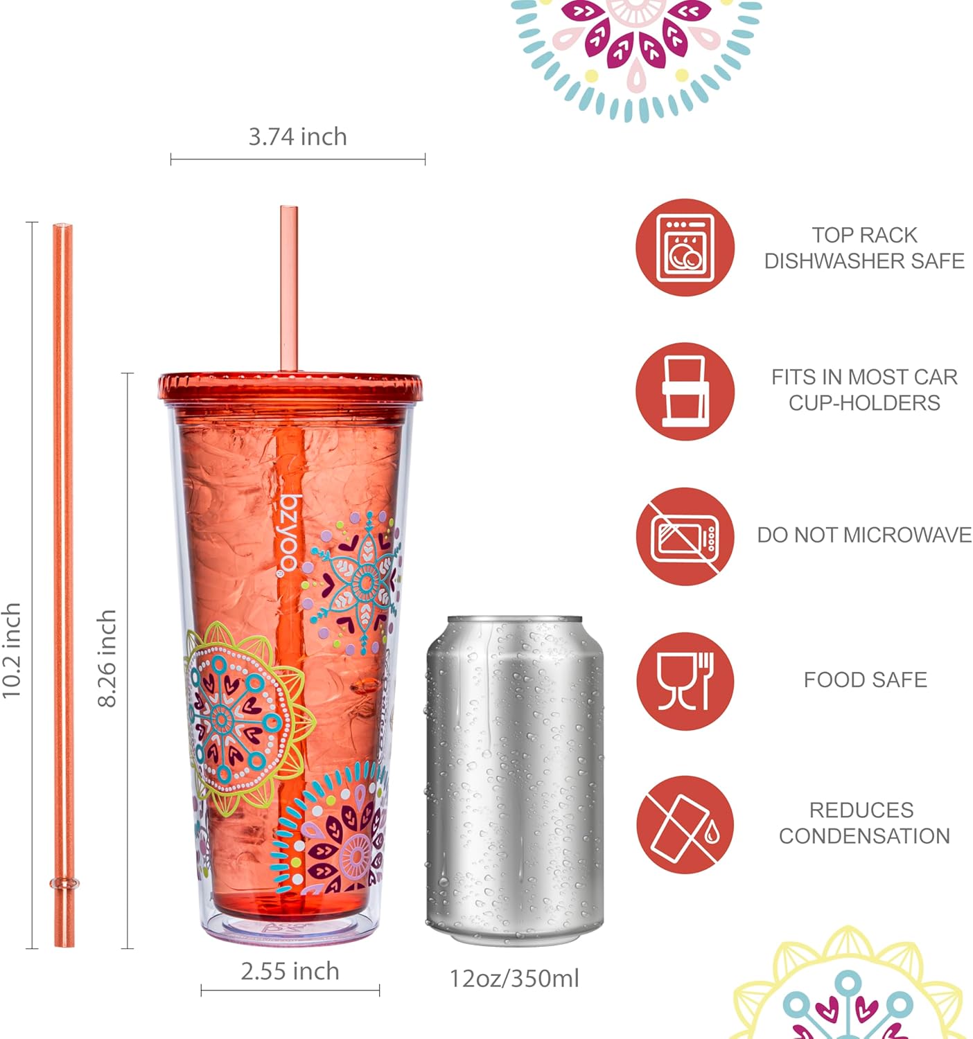 bzyoo SIP 24oz (710ml) Double Wall Plastic Tumbler with Lid and Straw Cold Drink Travel Mug Reusable Party Cup Perfect for Ice Coffee, Tea Office Poolside Parties Gifts Color: Medallion Orange