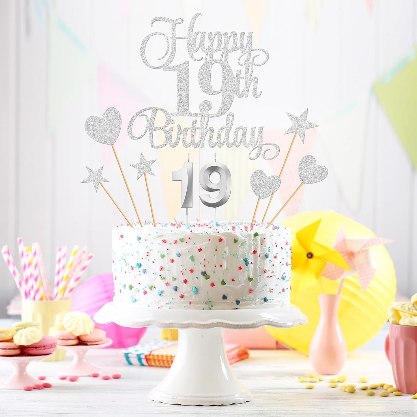19th Birthday Cake Decorations, 19th Birthday Candles Cake Numeral Candles and Glitter Happy 19th Birthday Cake Toppers Set for Birthday Party Supplies (Silver)