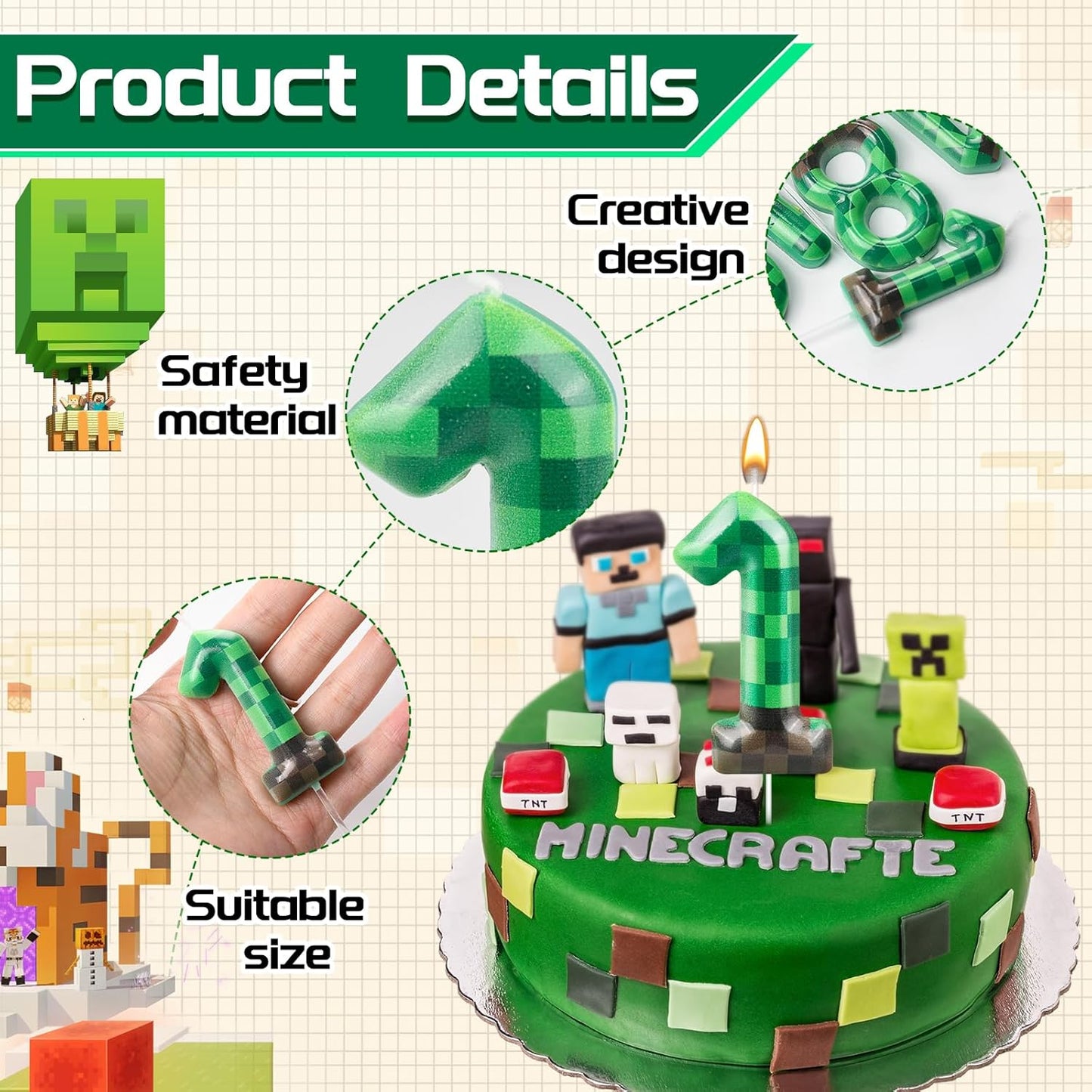 TNT Themed Birthday Cake Candle Number 1 Dynamite Themed Green Candle Birthday Party Decoration Cake Topper for Pixel Theme Birthday Party Anniversary Party Dynamite Party Video Game Party (Number 1)