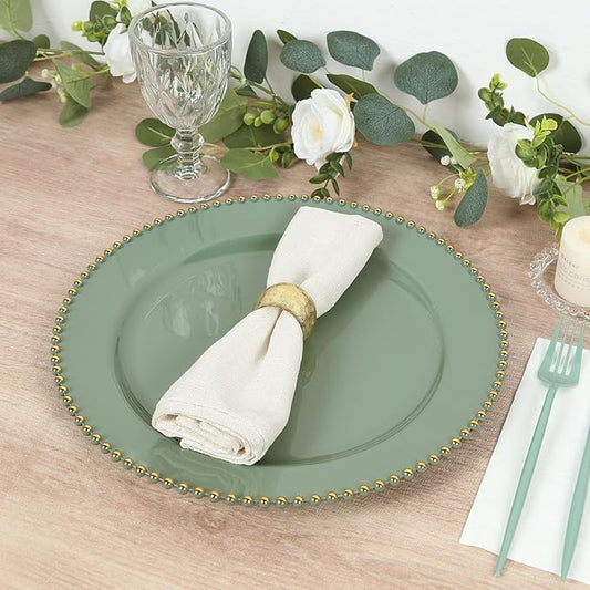 Efavormart 10-Pack Economy Plastic Charger Plates 13" Round Dusty Sage Green with Gold Beaded Rim - Stylish Dinner Party Serving Plates