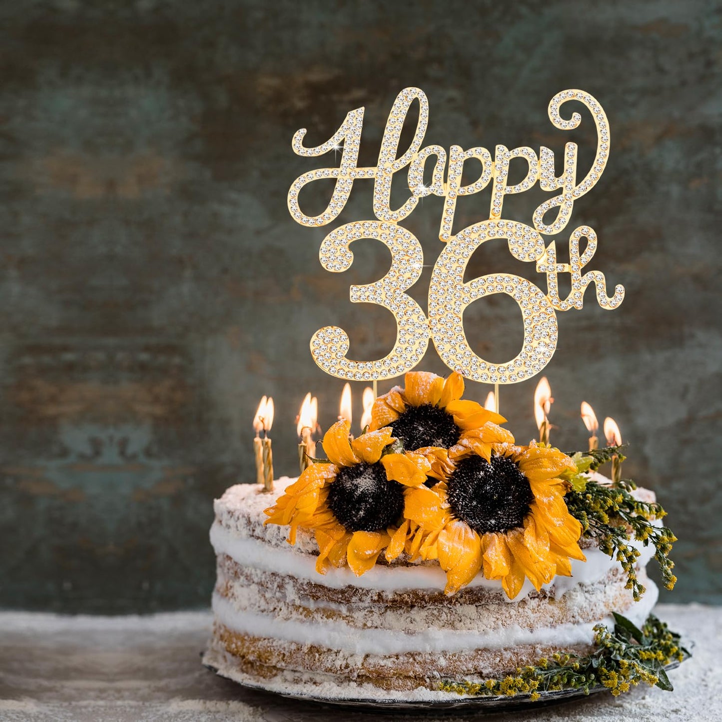 Happy 36th Birthday Decorations,36th Birthday Gold Rhinestone Cake Topper - Cheers to 36 Years Old Bday Party Metal Sparkly Cake Centerpieces Sign.