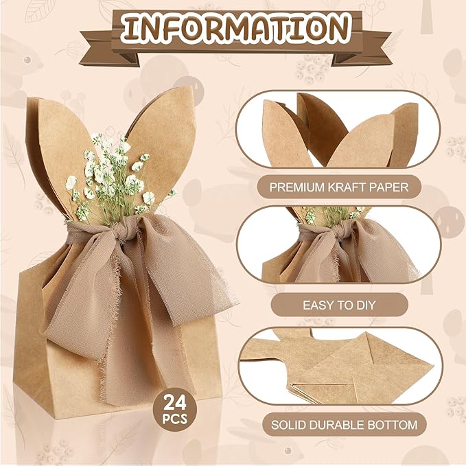 Affrolling 24 Set Boho Bow Easter Bunny Party Favor Bags DIY Bunny Gift Boxes with Neutral Bow Ribbon and Dried Flowers Rustic Paper Rabbit Ears Treat Bags Bulk for Easter Spring (Brown)
