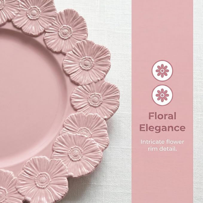 Pink Charger Plates with Flower Rim, 13" Round Charger for Dinner Plates, Set of 6 Plastic Plate Chargers for Wedding, Table Setting