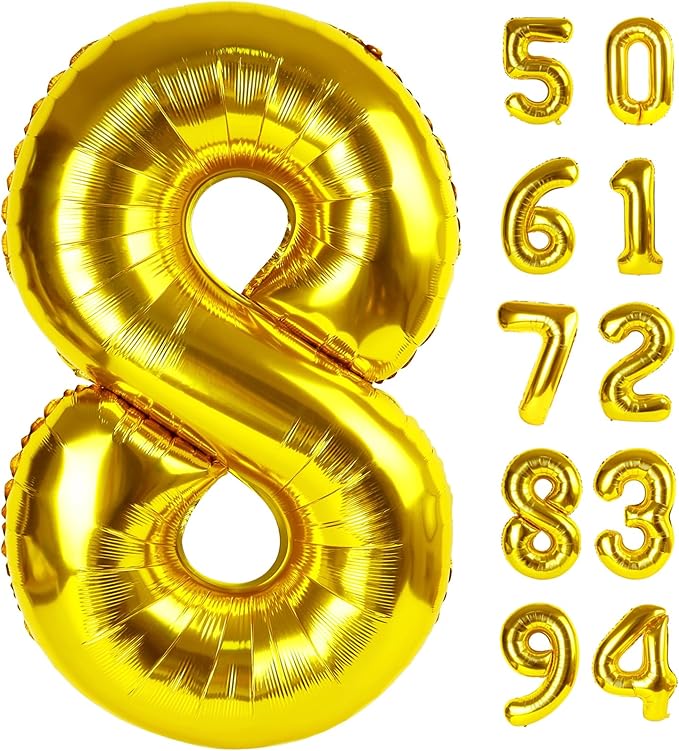 Gold 8 Balloon, Number Balloon 40 Inch, Gold Birthday Decorations, 8 18 28 38 80 Birthday Balloons, 8th Gold Party Supplies, Number 8 Balloon