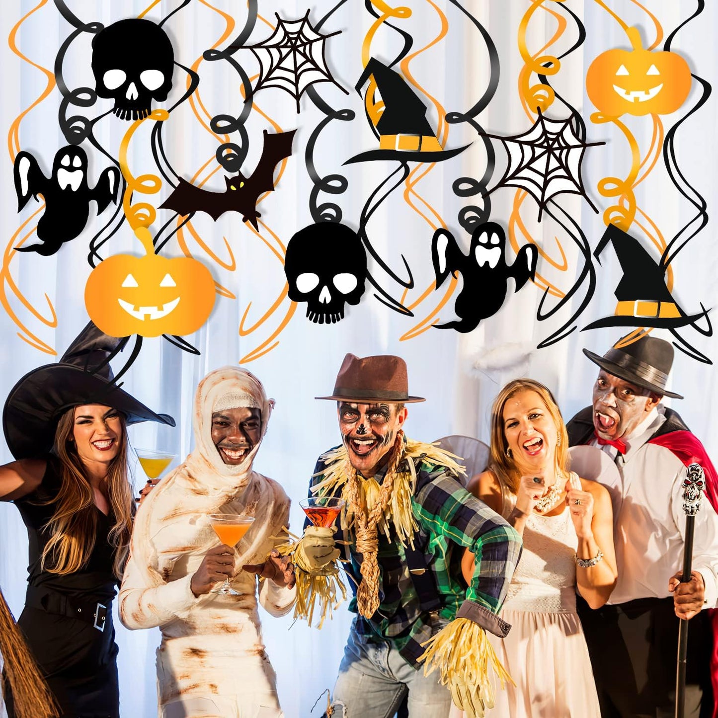Zayvor 40CT Halloween Hanging Swirl Decorations,Outdoor Indoor Hanging Ceiling Streamers and Strings Decor, Hanging Ghost Bats Spider Halloween Decorations Holiday Decor Supplies,Black Gold