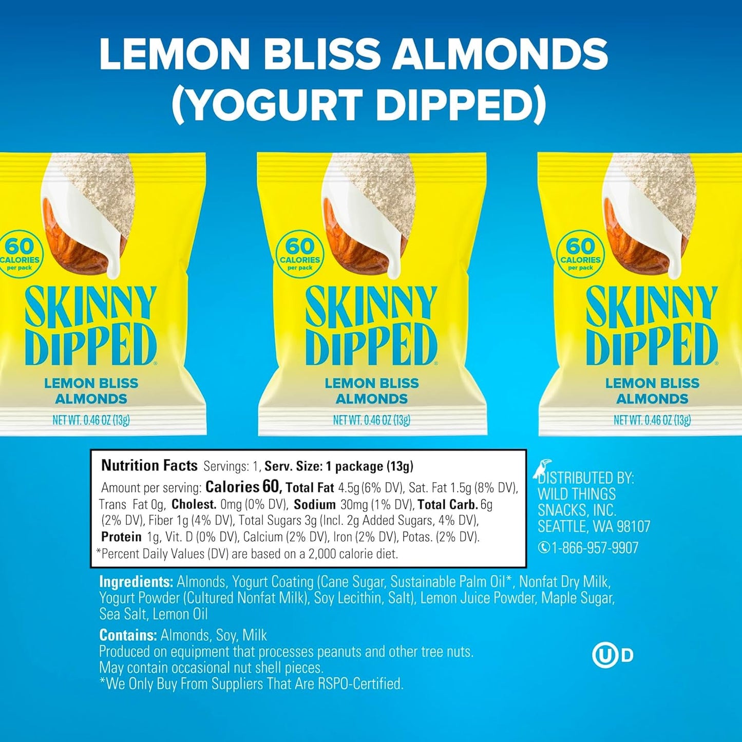 SkinnyDipped Lemon Bliss Almonds, Mini Snack Packs, Chocolate Covered Almonds, Low Sugar, Gluten Free, Healthy Snack, 24 Count