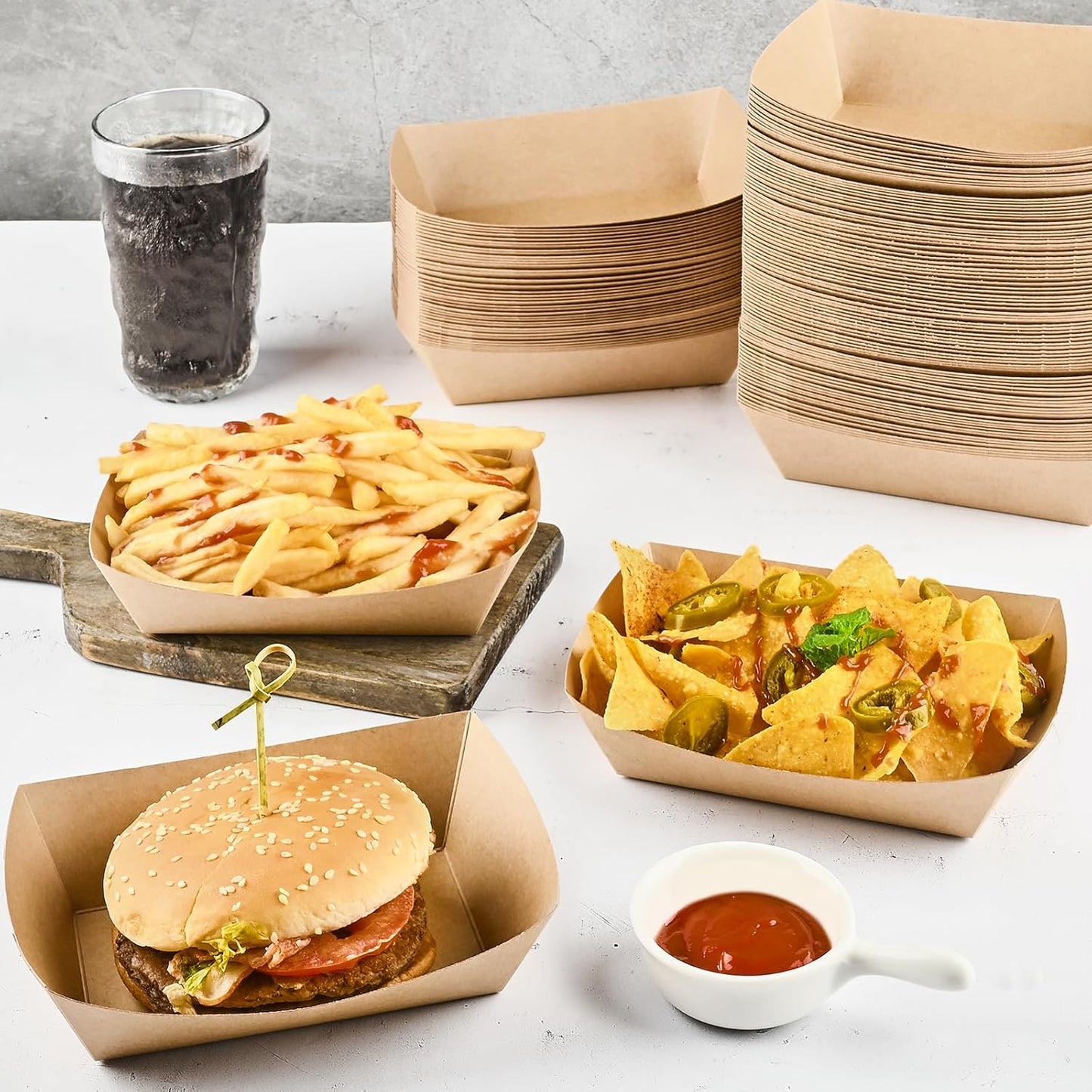 Ocmoiy 2lb Paper Food Trays, 100 Pack Heavy Duty Kraft Food Boats Holders Disposable Serving Basket Trays for Hot Dog, Nachos, Tacos, Fries, BBQ, Festivals, Party