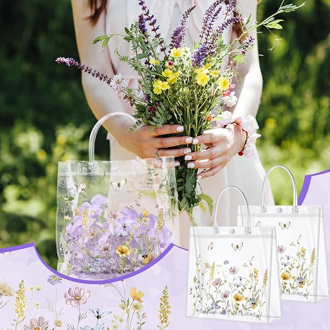 Kacctyen 24 Pcs Wildflower Gift Bags Wildflower Theme Clear PVC Bags with Handles Flower Party Favors for Wedding Birthday Baby Shower Party Supplies Return Gift Wrap Totes for Guests