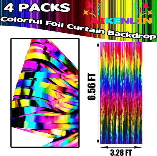 4 Pack 3.3Ft x 6.6Ft Rainbow Foil Fringe Curtain Backdrop, Colorful Metallic Tinsel Foil Fringe Streamers Curtains Background for Photo Booth, Birthday, Wedding, Valentine's Day Party Decoration