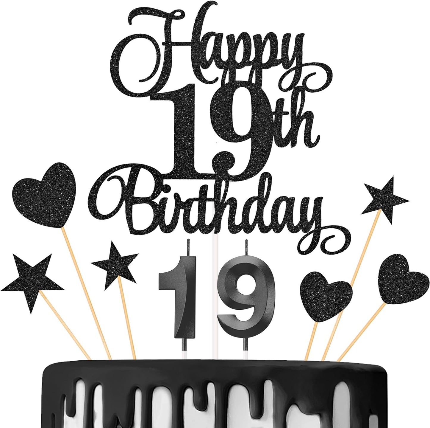 19th Birthday Cake Decorations, 19th Birthday Candles Cake Numeral Candles and Glitter Happy 19th Birthday Cake Toppers Set for Birthday Party Supplies (Black)