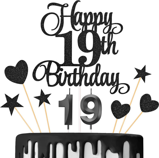 19th Birthday Cake Decorations, 19th Birthday Candles Cake Numeral Candles and Glitter Happy 19th Birthday Cake Toppers Set for Birthday Party Supplies (Black)