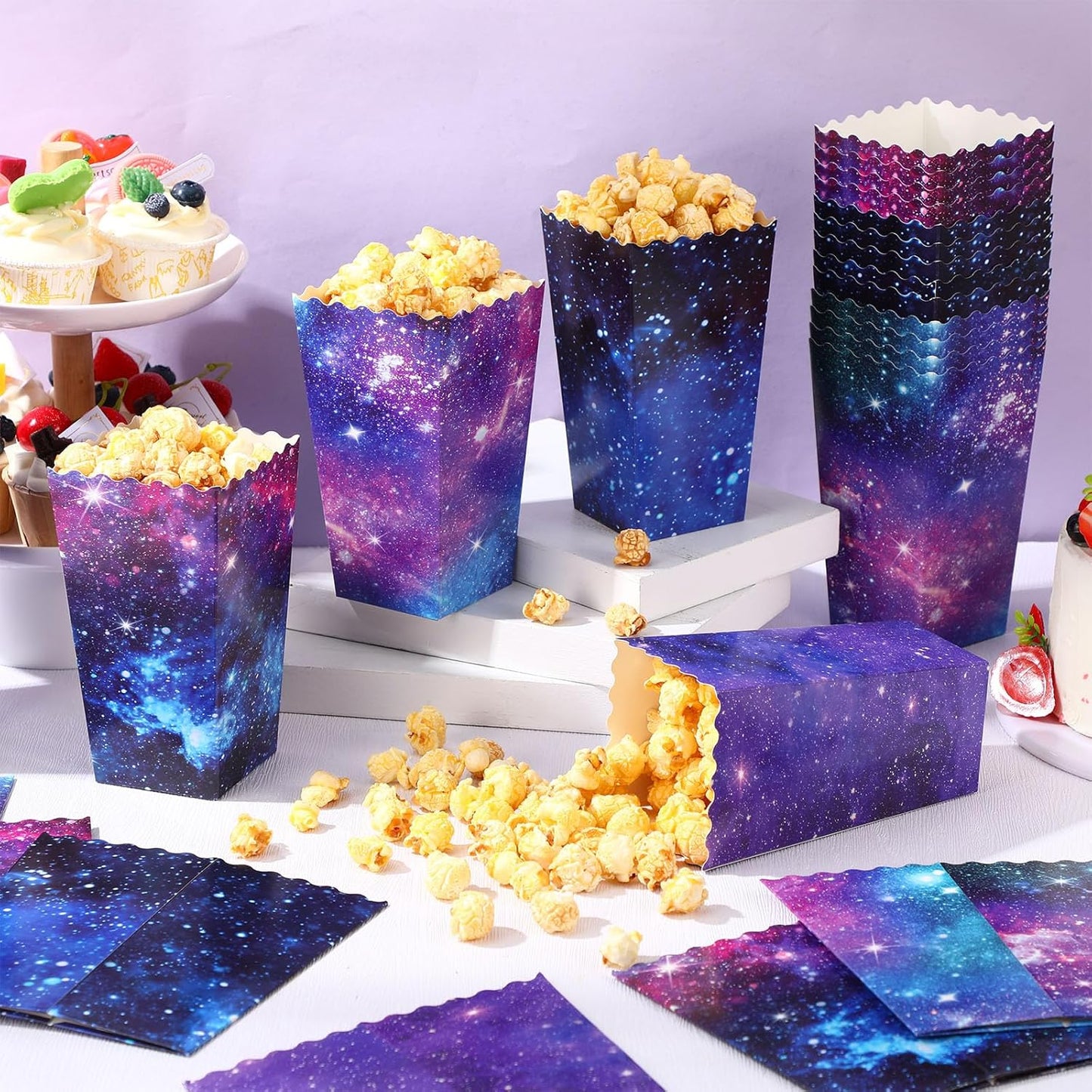 Honoson 48 Pcs Galaxy Popcorn Boxes 6 x 2.4 Inches Outer Space Popcorn Bucket Disposable Paper Food Trays Candy Goodies Treat Container for Birthday Movie Night Baby Shower Party Favor Supplies
