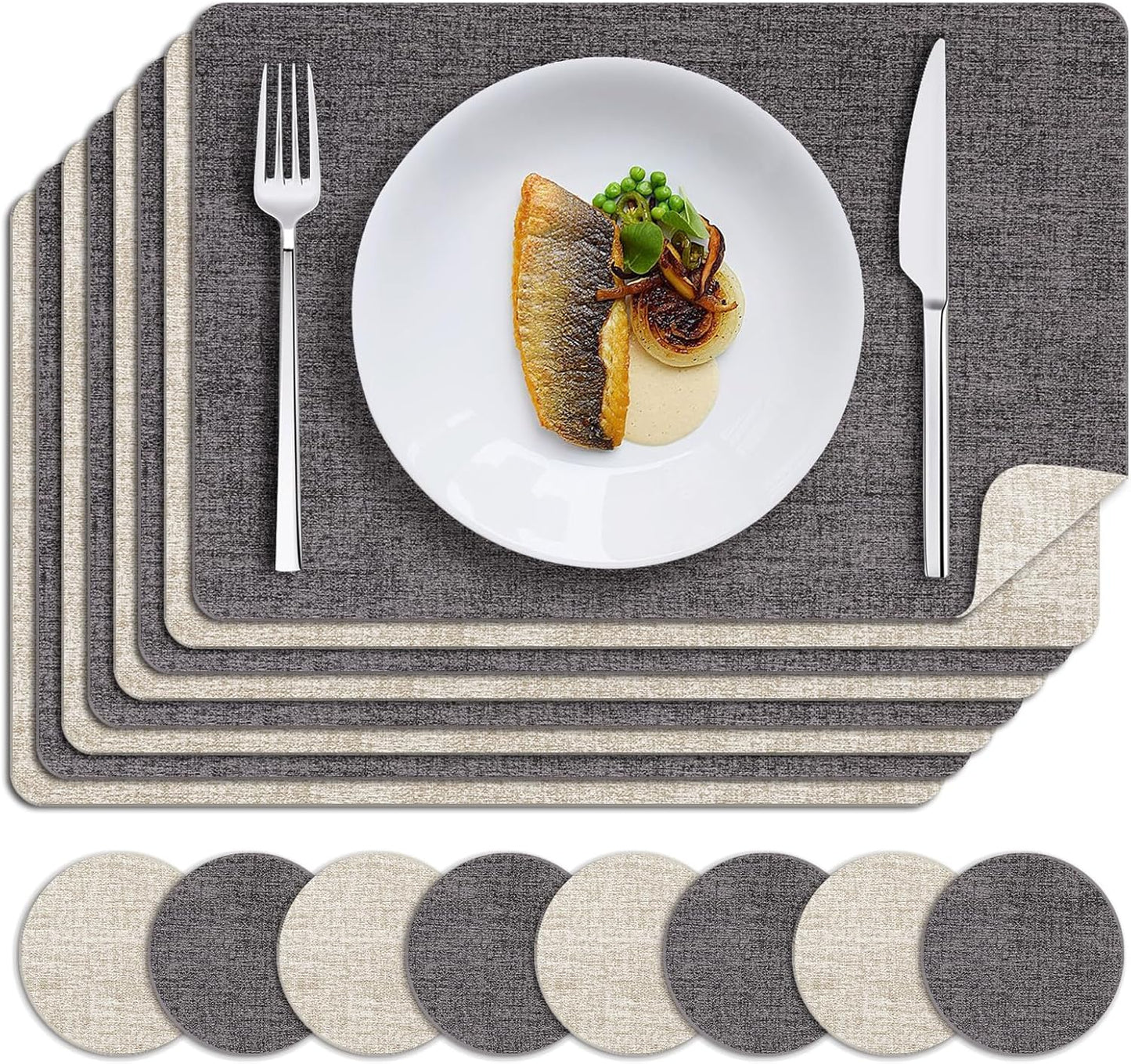 MOSAYT Placemats Set of 8, Heat Resistant Vinyl Place Mats with Coasters, Wipeable Washable 100% Waterproof Oil Proof Faux Leather Table Mats for Kitchen Dining Party Outdoor, 12" x 18", Grey Beige