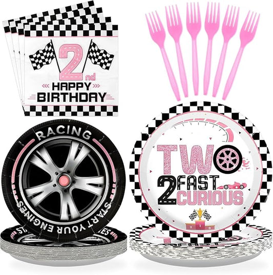 Grencian 96Pcs Two Fast Birthday Party Supplies Pink Race Car 2nd Party Plates and Napkins Checkered Flag Tableware for Kids Girls Racing Car 2 Year Old Birthday Decorations Serves 24