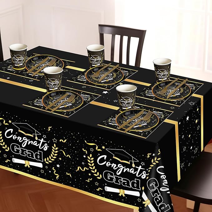 Graduation Decorations Class of 2026 Graduation Party Decorations,147 PCS Disposable Congrats Grad Tableware,Black and Gold Tablecloth Knives Fork Plates Napkin Cups for School,College,Party,Serve 24