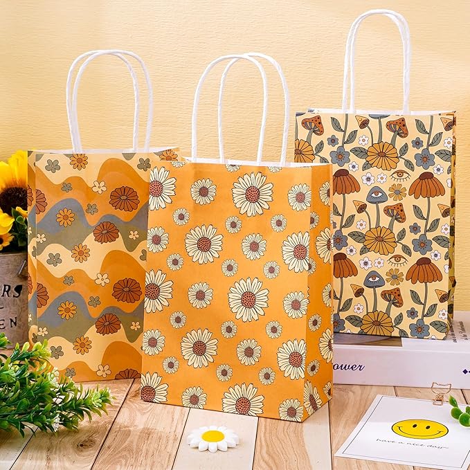 AnyDesign 12Pcs Retro Boho Gift Bags Bulk Rainbow Daisy Flower Paper Bags with Handle Vintage Boho Party Favor Bag for Wedding Birthday Baby Shower Bridal Shower Party Supplies, 5.9 x 8.3 x 3.1 Inch