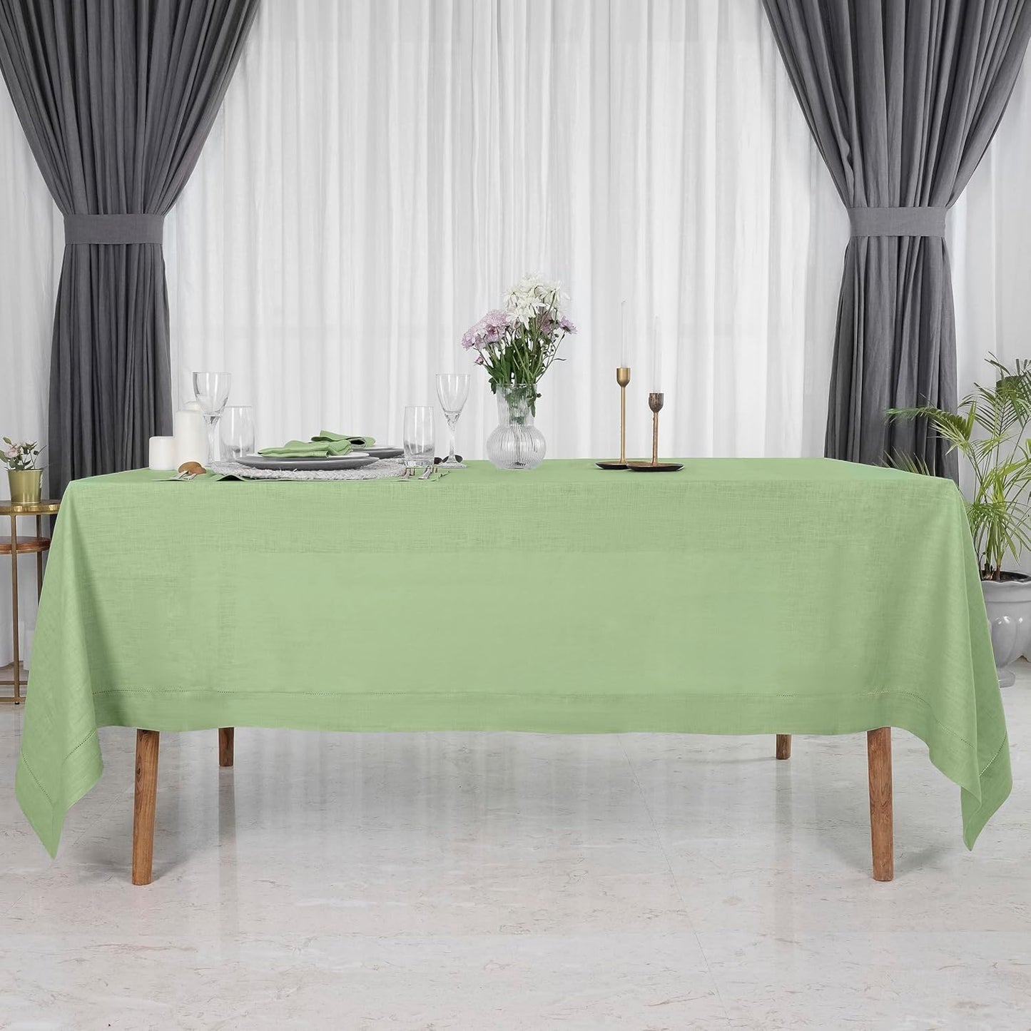 D'Moksha Homes Sage Green Linen Tablecloth for Rectangle Tables 60 x 144 Inch - 100% Pure Linen Green Table Cloth - Classic Hemstitch, Machine Washable Dining Tablecloth for Fall, Autumn and Halloween