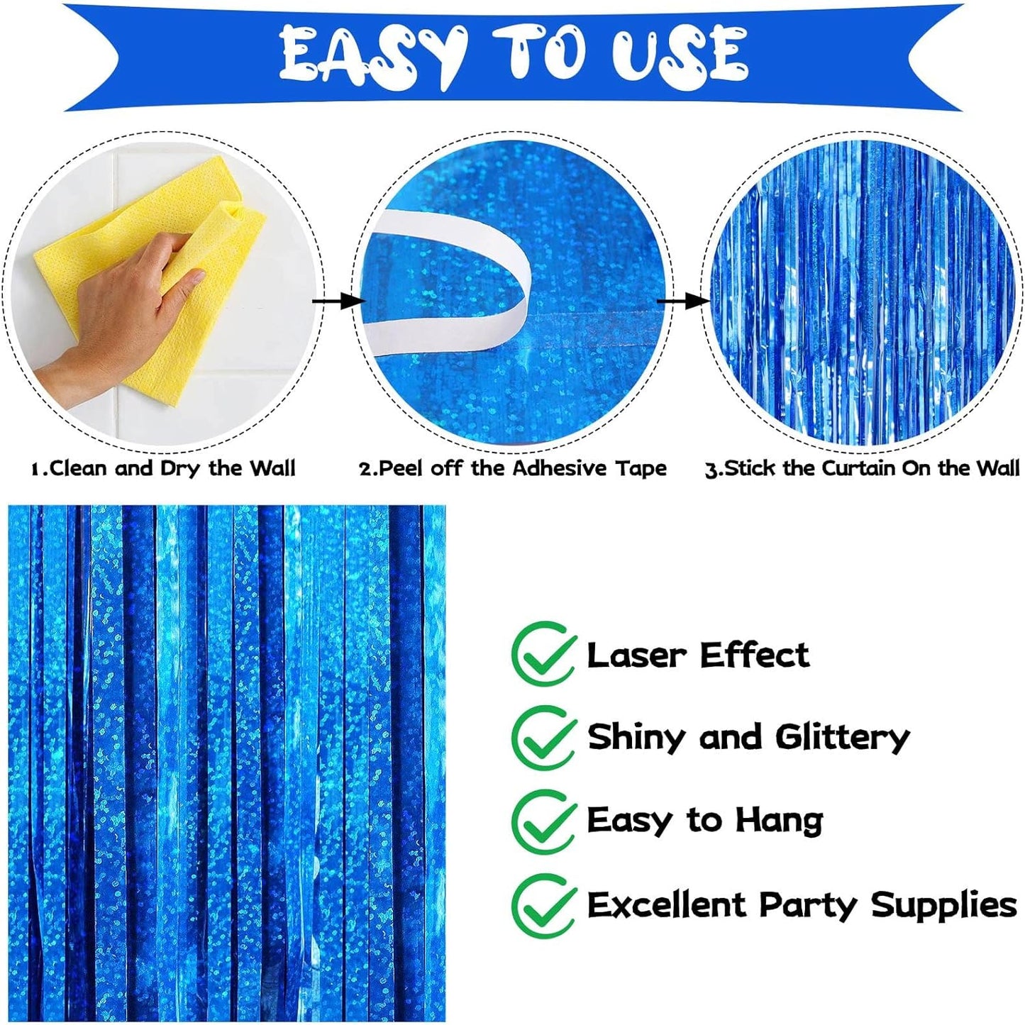 Blue Tinsel Foil Fringe Curtain Backdrop, 3.3 x 8.2 ft Metallic Glitter Curtain Streamers, 2 Pack Royal Blue Photoboth for Birthday Ocean Sea Party Decorations