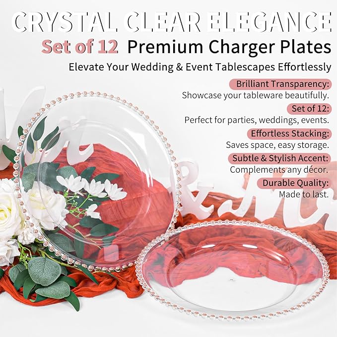 12 Pack Clear Charger Plates Bulk Wedding, 13 Inch Plastic Round Dinner Chargers with Pink Beaded Rim, Acrylic Round Decorative Plates for Wedding Party Home and Tabletop Decor (Pink)