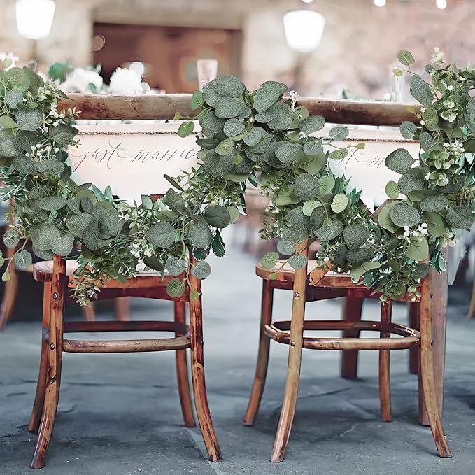 SOMYTING Artificial Eucalyptus Garland 2 Packs 5.9Ft Silver Dollar Eucalyptus Leaves Fake Vine with White Baby Breath Faux Greenery Garland Spring Garland for Mantle Table Wedding Party Decor (4PCS)