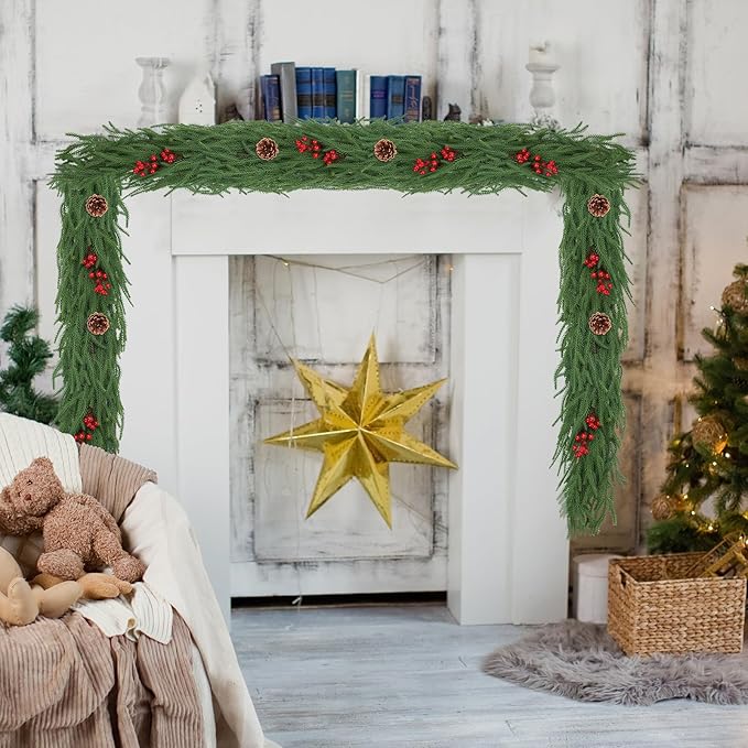 1 Pack 9FT Christmas Norfolk Pine Garlands with Pine Cone Real Touch Christmas Garland Artificial Greenery Garland for Fireplace, Table, Wall, Stairs, Outdoor Holiday Décor