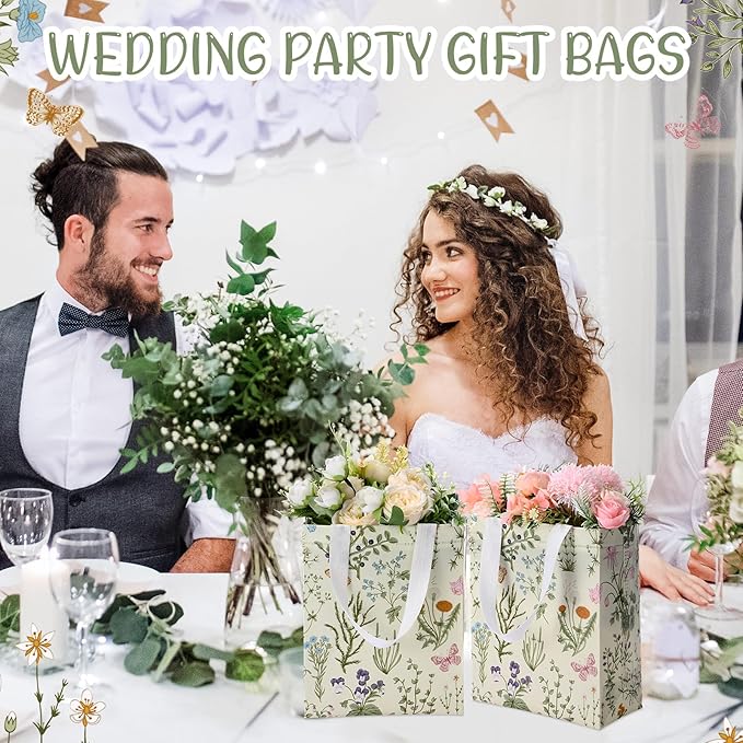 Supervitae 24 Pack Wildflower Theme Gift Bags Medium Goodie Floral Party Favor Bags Vintage Reusable Totes Non Woven Totes for Wedding Birthday Baby Shower Family Holiday Travel(9.8" x 7.9" x 3.9")