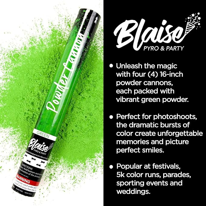 Blaise Pyro & Party - Green Powder Poppers - Water-Soluble & Colorful Powder Cannons for Gender Reveals, Birthdays, Weddings & Celebrations - Easy to Use for Memorable Photos - 16-Inch, 4-Pack