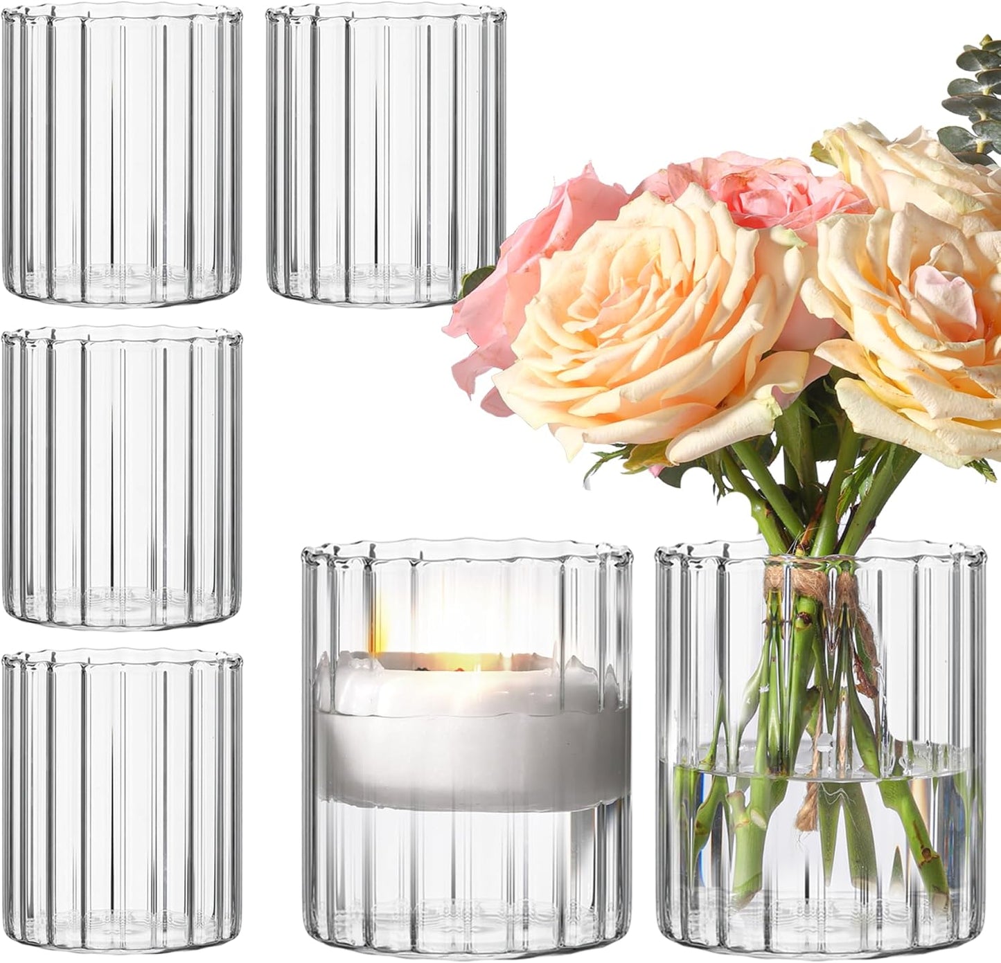 ComSaf 6pcs Mini Glass Cylinder Vases 3.9 Inch Tall, Small Vase for Flowers, Short Ribbed Vases for Centerpieces, Clear Hurricane Glass Candle Holders for Table Party Home Decor