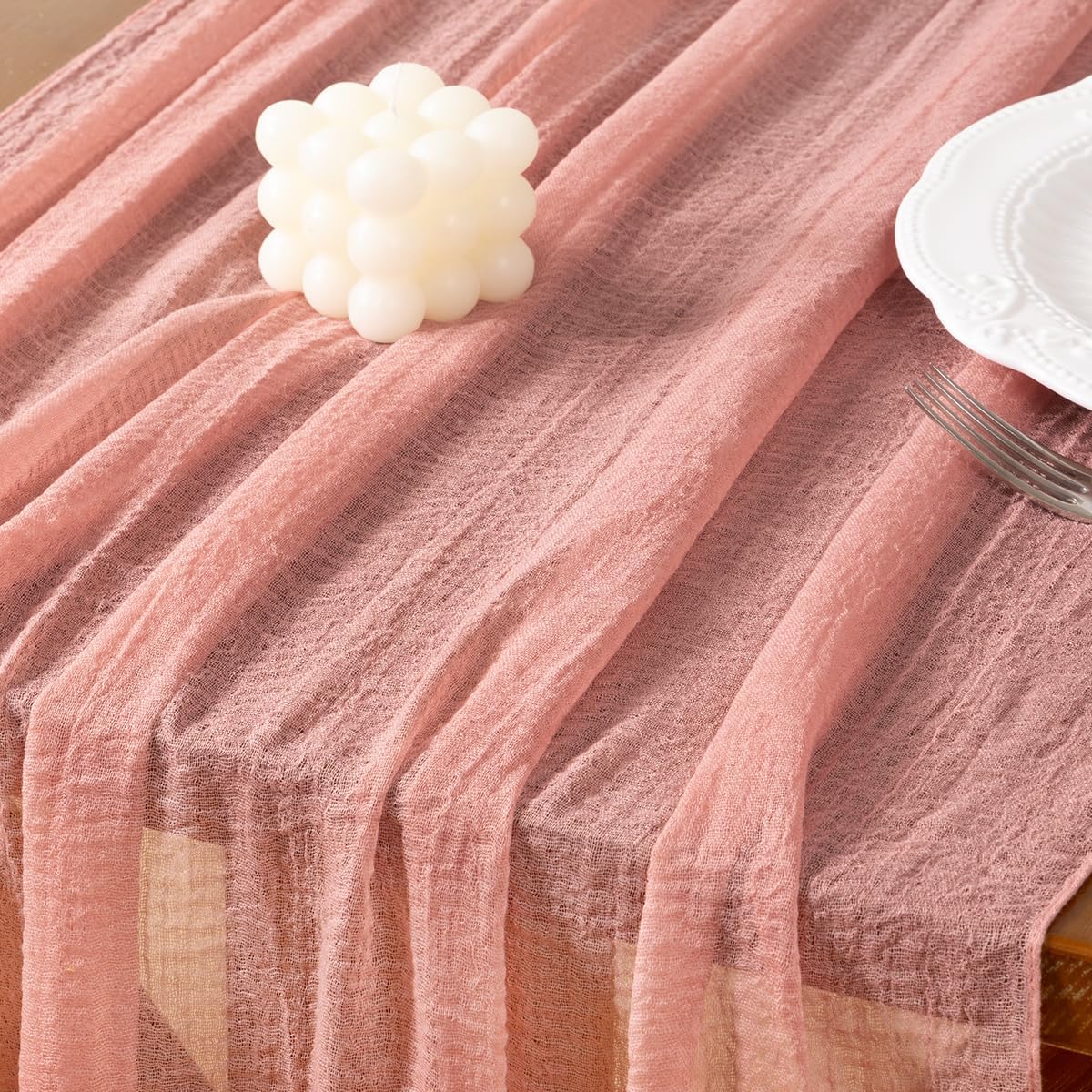 Socomi Cheesecloth Table Runner Rose Gold Fall Thanksgiving Gauze 120 Inch Rustic Boho Cheese Cloth Runner for Wedding Party Baby Bridal Shower Centerpiece Decoration Holiday Home Decorations