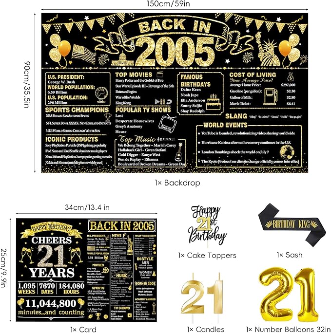 21st Birthday Decorations for Him, Black Gold Back in 2005 Party Supplies Kit with Sash, Banner, Backdrop, Balloons, Cake Topper & Honeycomb Centerpieces, 21 Year Old Birthday Party Decor Set