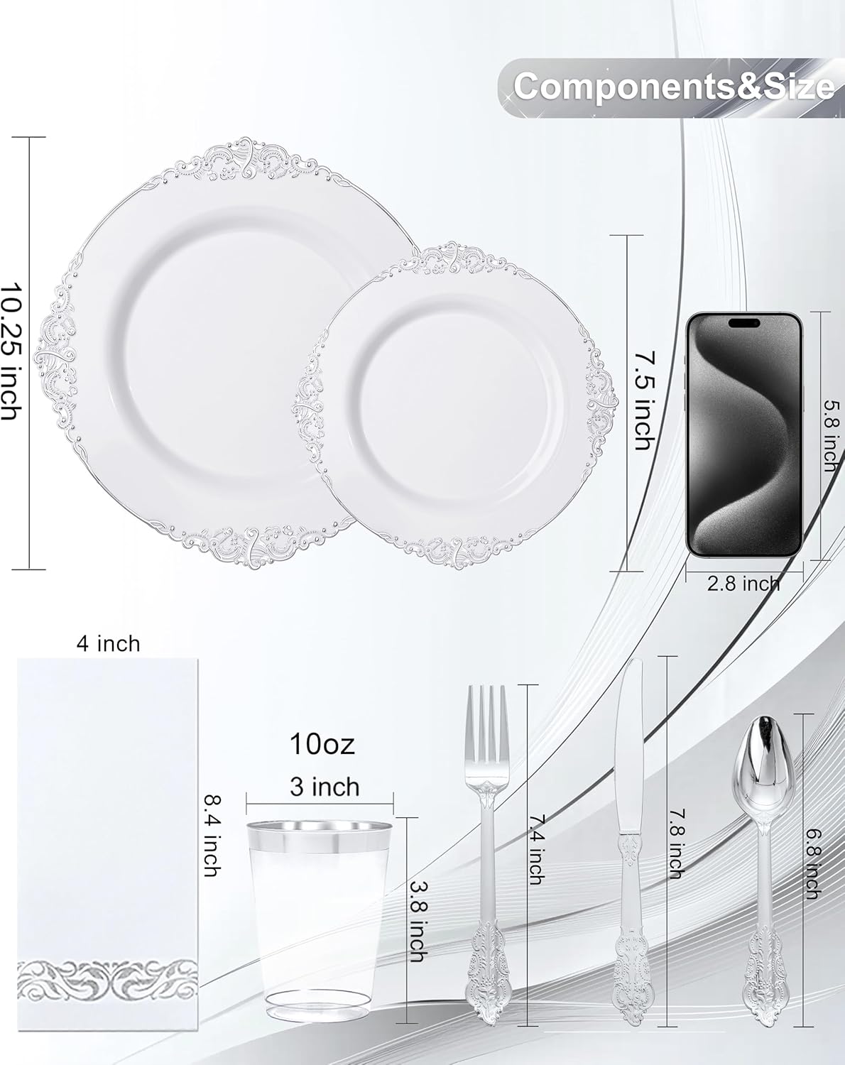 Nervure 175PCS Silver Plastic Plates - White and Silver Disposable Plates for 25 Guests Include 50Plates, 25Cups, 25Forks, 25Knives, 25Spoons, 25Napkins for Wedding & Party