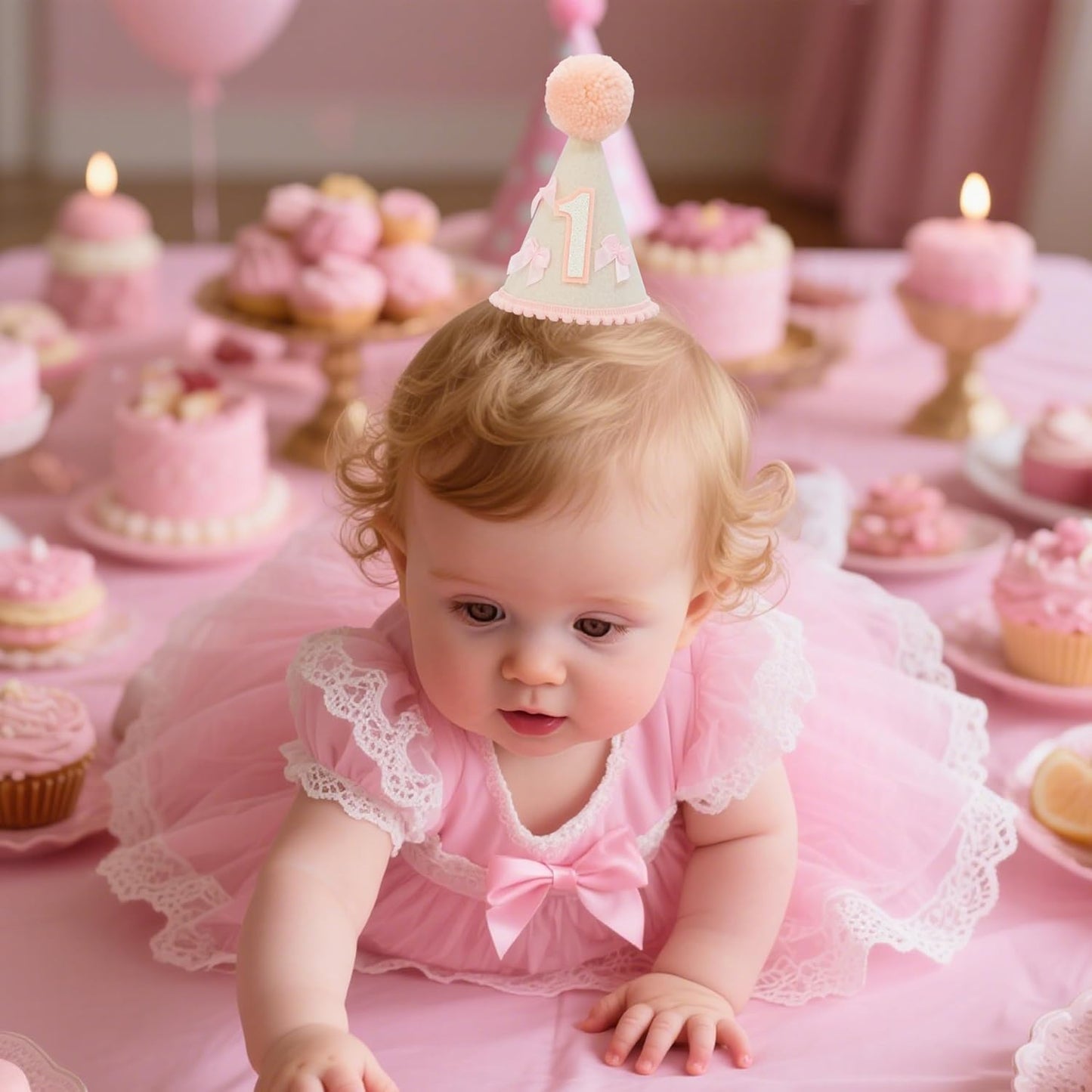 First Birthday Party Hat for Girls, Felt Cone with Pink Pom Pom, White Number 1, Pink Bows