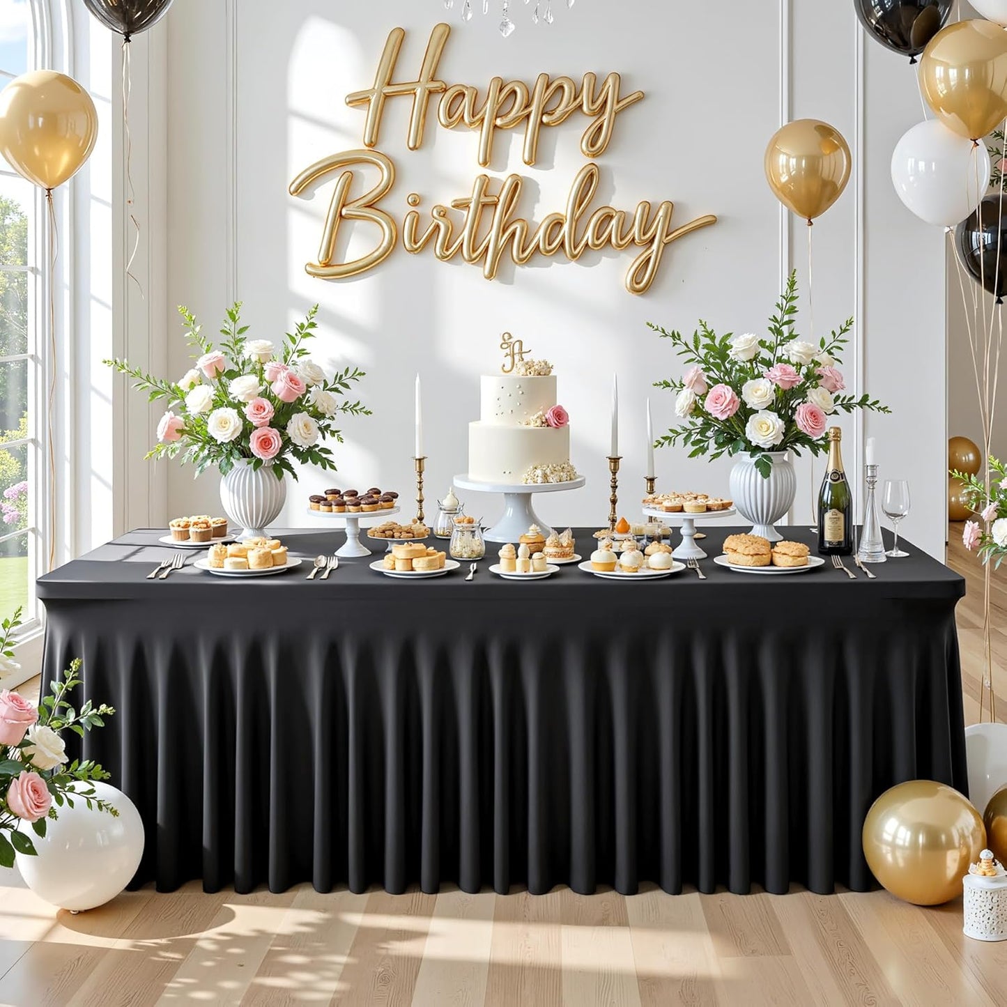 Besutolife Black Spandex Tablecloth with Skirt for 8ft Rectangle Tables 2 Packs- Wrinkle-Resistant, Stretchable, Machine Washable - Perfect for Weddings Banquets Birthday Parties Events