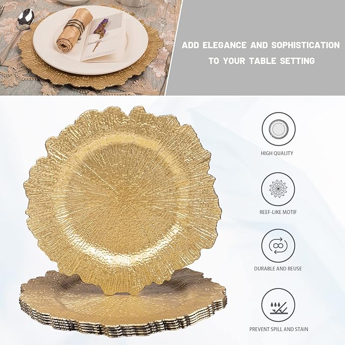 MAONAME 13" Gold Charger Plates, Round Reef Chargers for Dinner Plates, Plastic Plate Chargers for Table Setting, Wedding Decor, Set of 6