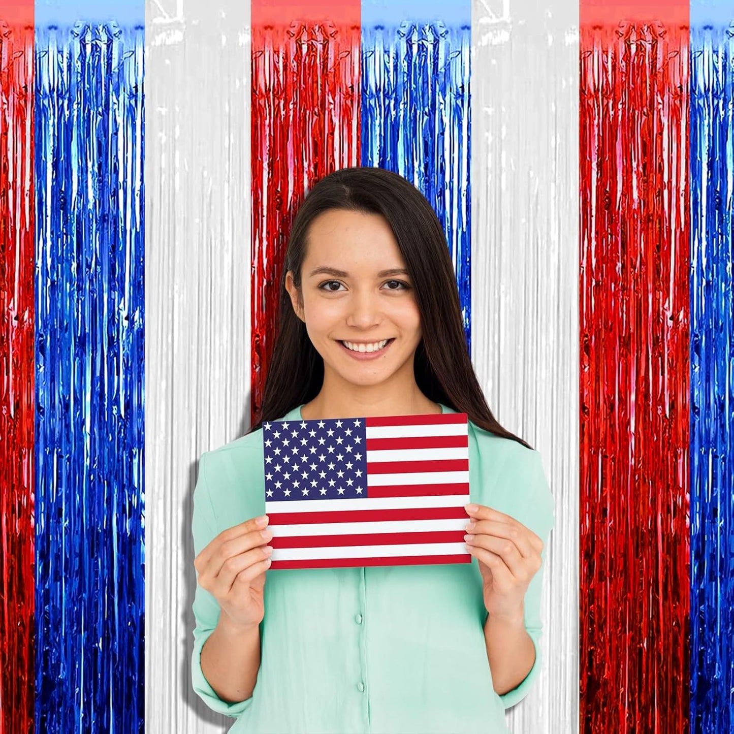 4 Pack 3.2Ft x 6.6Ft Red Blue White Foil Fringe Curtain Backdrop, Metallic Tinsel Foil Fringe Streamers Curtains Background for Photo Booth, Birthday, Wedding, Independence Day Party Decoration