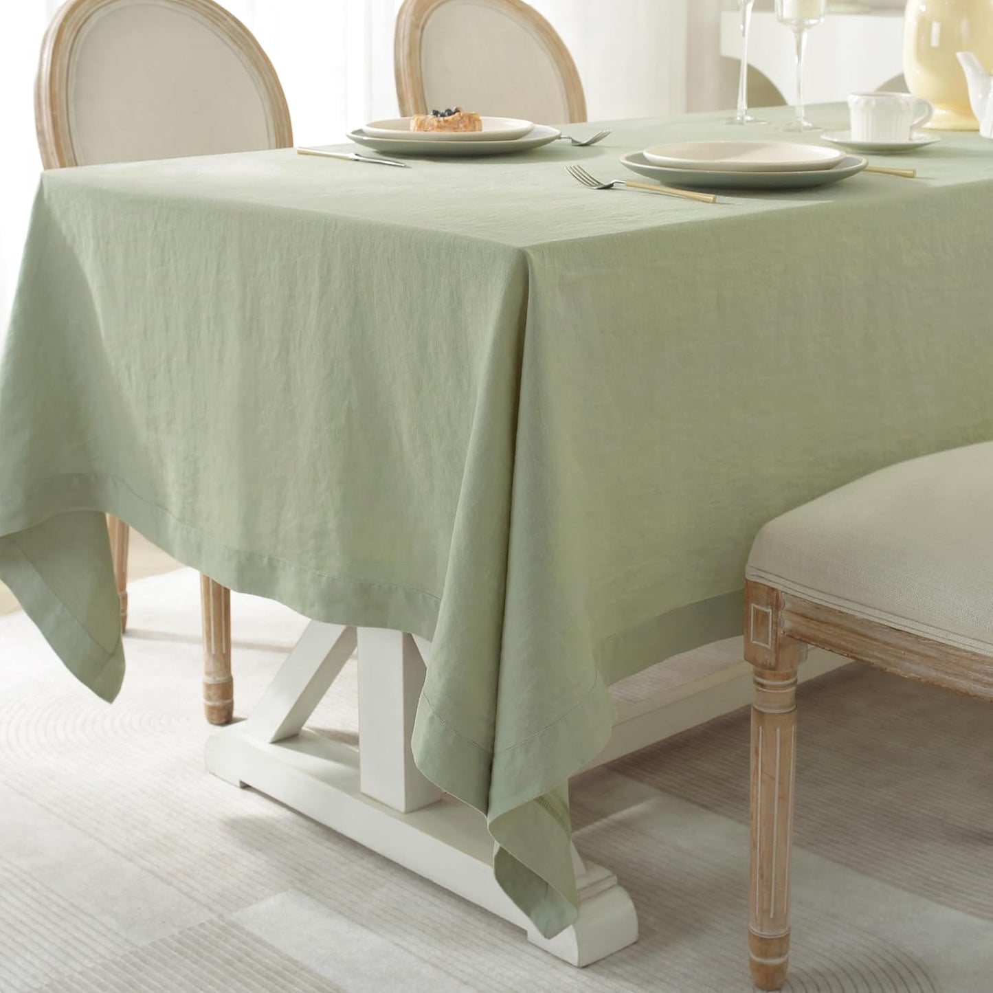 Linen World Linen Tablecloth,100% French Linen Sage Tablecloth 90" x 60" Inch,Washable Rectangular Tablecloth for Dining,Outdoor,Weddings and Restaurants,Decorative Thanksgiving Christmas