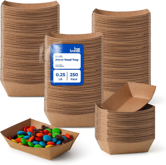 Fit Meal Prep [250 Pack 0.25 lb Paper Food Boats Heavy Duty Disposable Food Trays, Kraft Brown Nacho Tray for Parties Fairs Picnics Carnivals, Holds Sause Candies Nut Grease Resistant